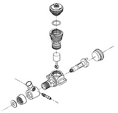 Exploded view of Cox Medallion .049 model airplane engine drawn by Michael Martin in 1976